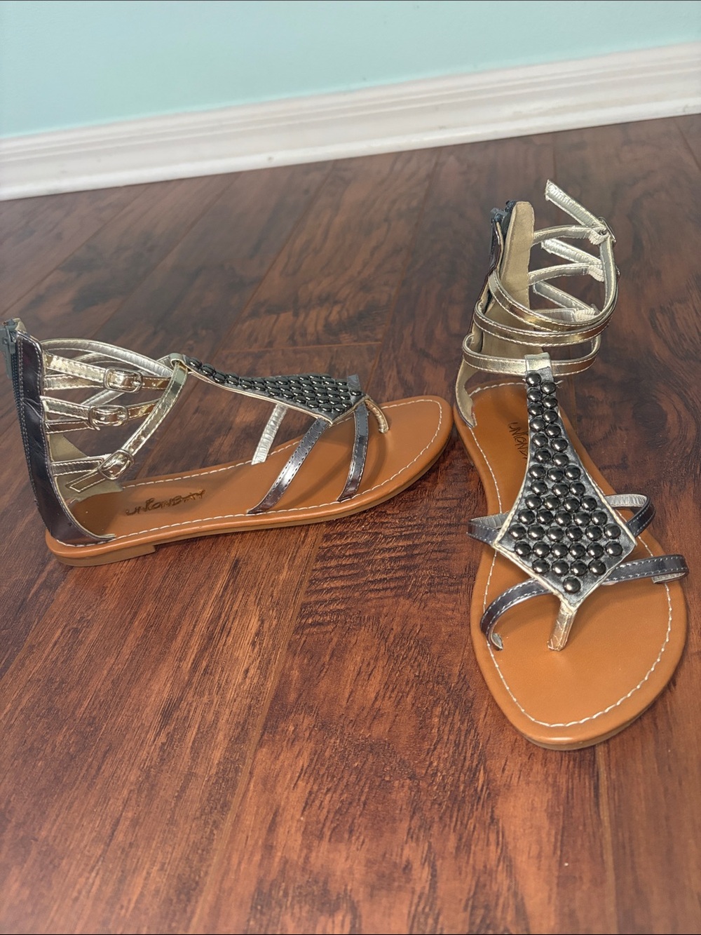 UNIONBAY Gold Metallic Studded Gladiator Sandals for Women
